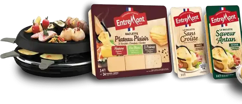 Appareil à raclette et fromages à raclette Entremont Plateau Plaisir, Sans croûte et Saveur d'Antan
